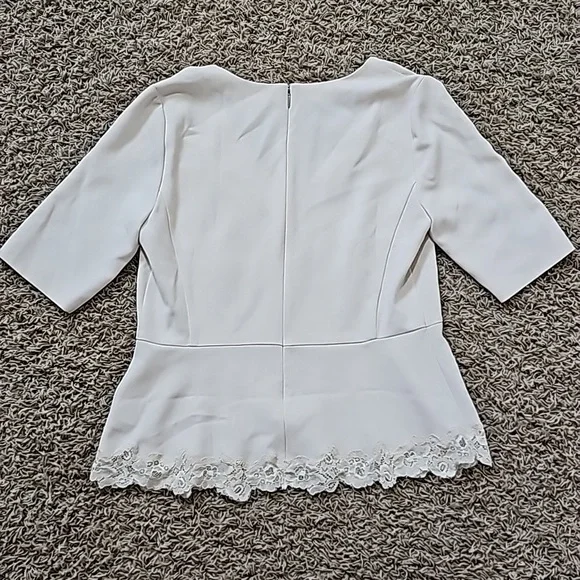 Rebecca Taylor Top Crepe Lace Inset Blouse Scallop Vneck Sz 10 Pleats Peplum - Picture 8 of 8